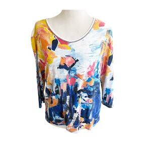 Jess And Jane Tunic Top Women's Large Multi Abstract Print Long Sleeve Preppy